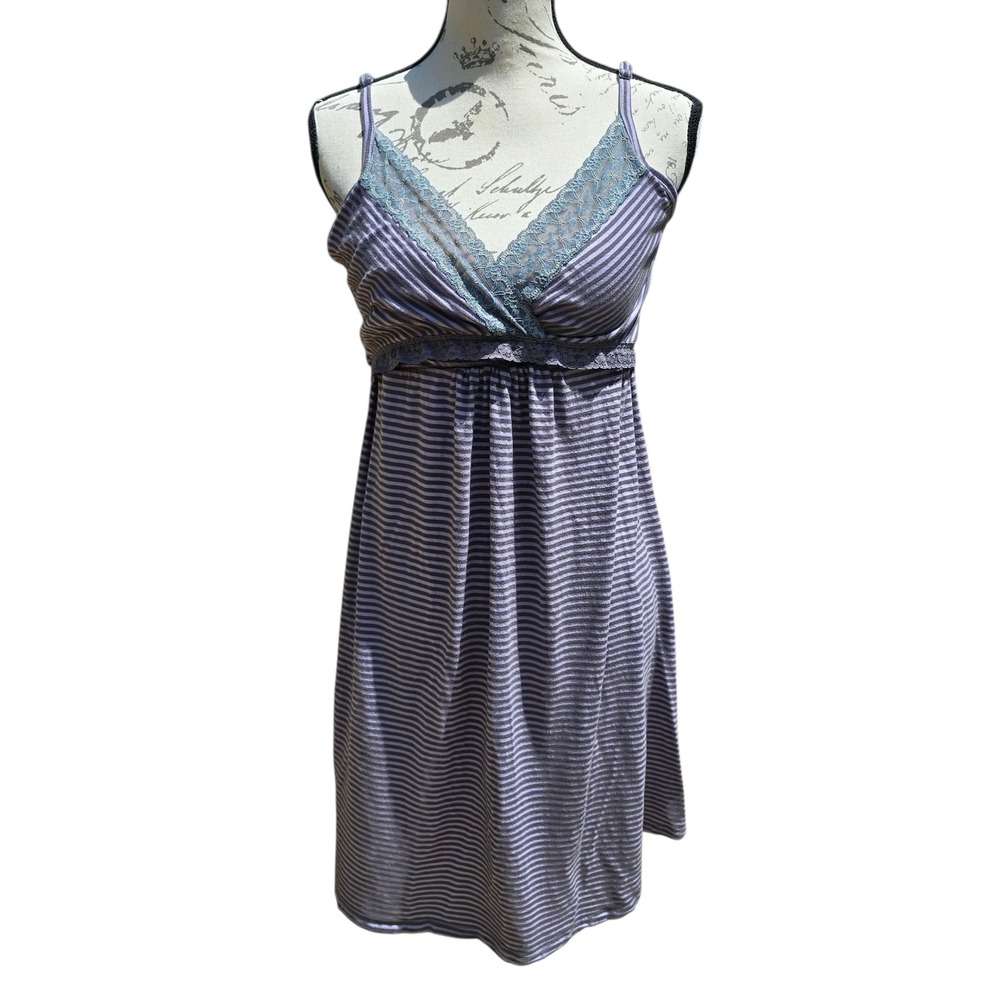 Belabumbum Purple Striped Lace Trim Maternity Nursing‎ Nightgown Dress L